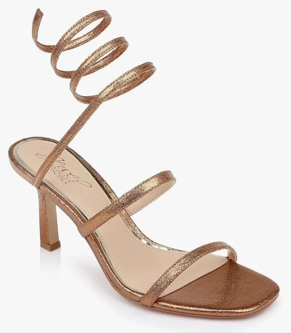 Jewel Badgley Mischka Reina Metallic Wrapped Ankle Stiletto Heel Size 10 New